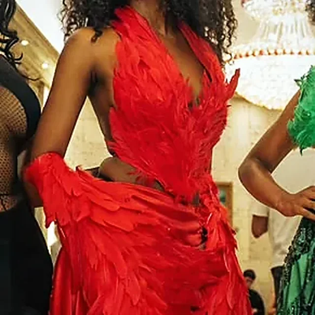 Macro del vestido escarlata: plumas rojas aplicadas una a una sobre el corpiño.
